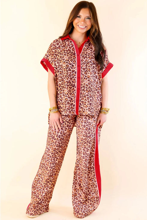 Leopard Print Contrast Trim Western Matching Pant Set