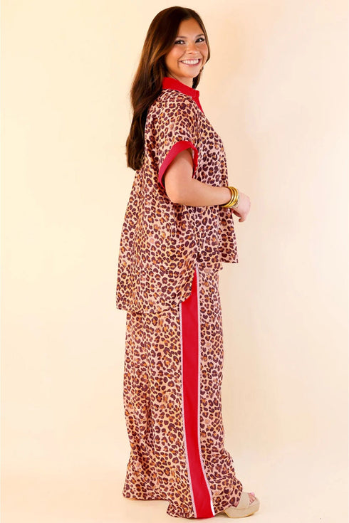 Leopard Print Contrast Trim Western Matching Pant Set