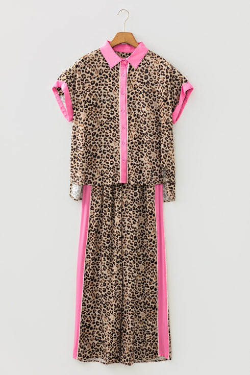 Leopard Print Contrast Trim Western Matching Pant Set