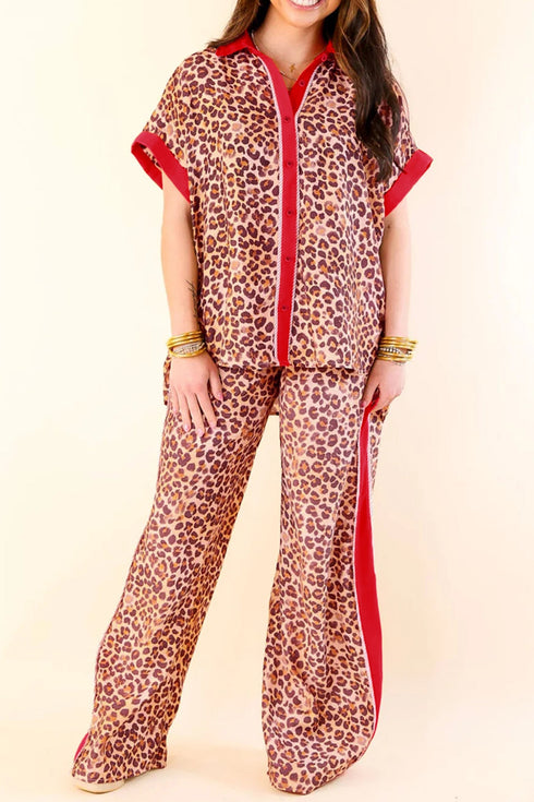 Leopard Print Contrast Trim Western Matching Pant Set