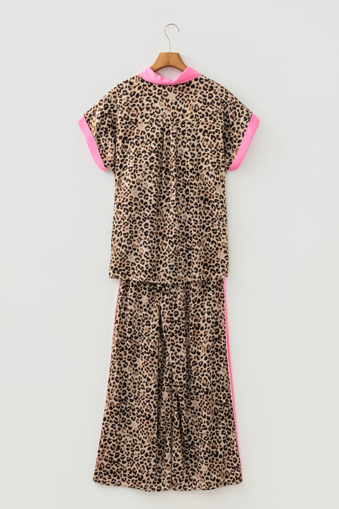 Leopard Print Contrast Trim Western Matching Pant Set