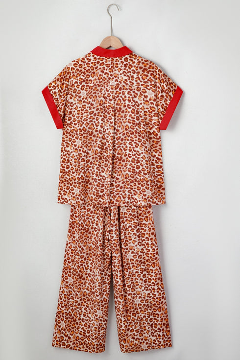 Leopard Print Contrast Trim Western Matching Pant Set