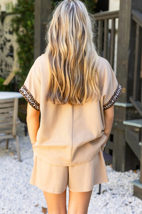 Leopard Print Contrast Trim Zipped Short Sleeve Short Sets