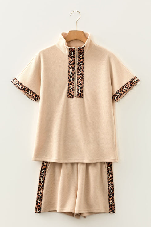 Leopard Print Contrast Trim Zipped Short Sleeve Short Sets