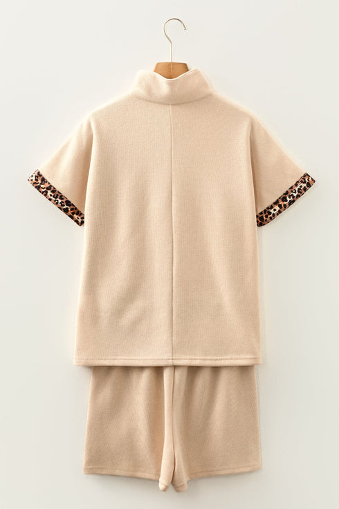 Leopard Print Contrast Trim Zipped Short Sleeve Short Sets