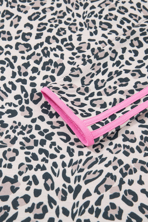 Leopard Print Contrast V Neck Varsity Stripe Drop Shoulder Top