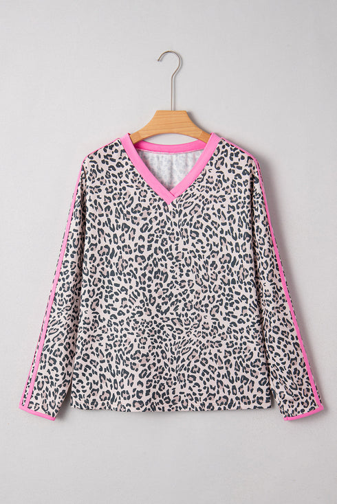 Leopard Print Contrast V Neck Varsity Stripe Drop Shoulder Top