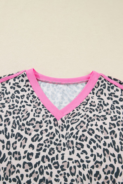 Leopard Print Contrast V Neck Varsity Stripe Drop Shoulder Top