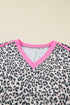 Leopard Print Contrast V Neck Varsity Stripe Drop Shoulder Top