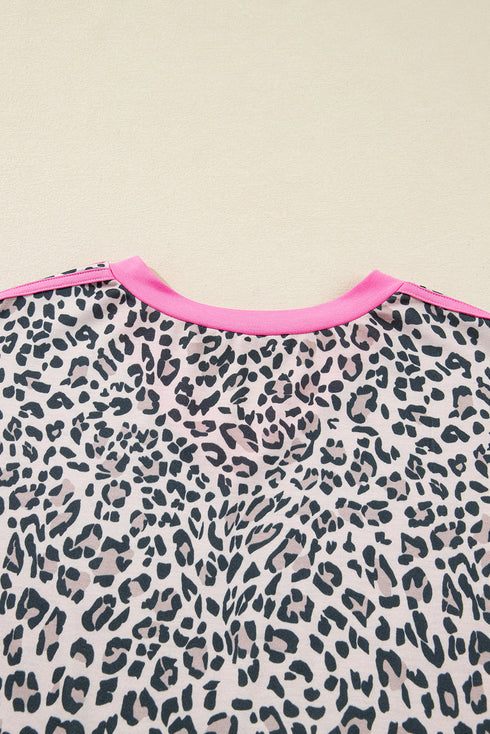 Leopard Print Contrast V Neck Varsity Stripe Drop Shoulder Top
