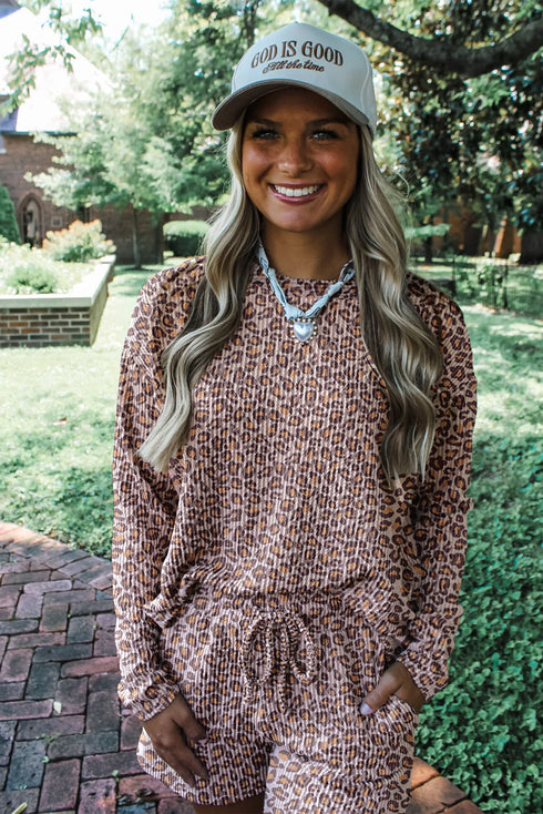 Leopard Print Corded Long Sleeve Drawstring Short Sets