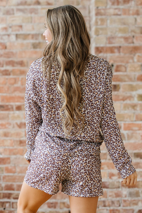 Leopard Print Corded Long Sleeve Drawstring Short Sets