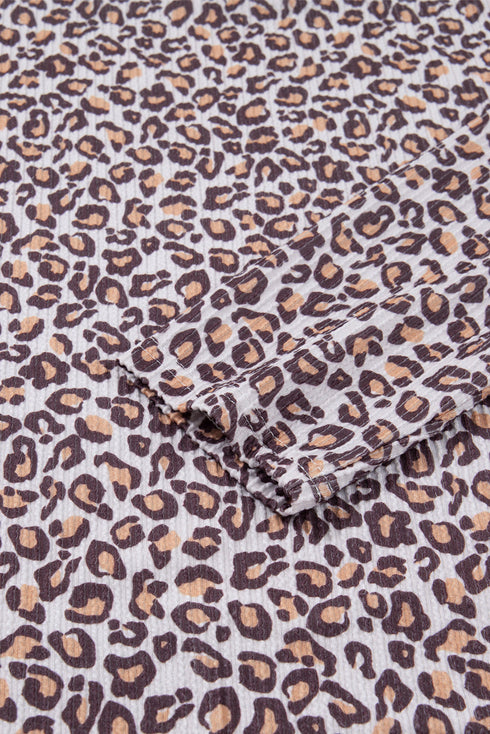 Leopard Print Corded Long Sleeve Drawstring Short Sets