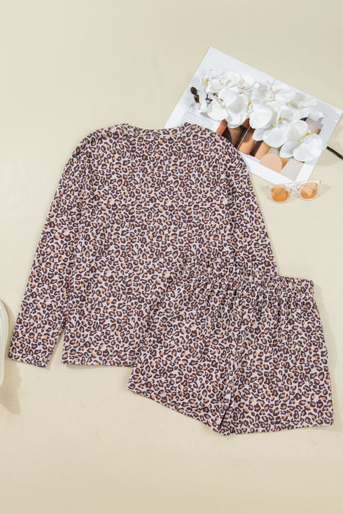 Leopard Print Corded Long Sleeve Drawstring Short Sets