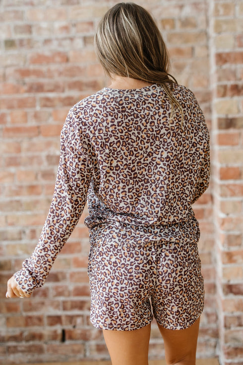 Leopard Print Corded Long Sleeve Drawstring Short Sets