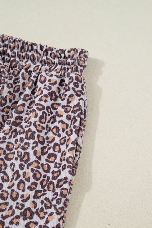 Leopard Print Corded Long Sleeve Drawstring Short Sets