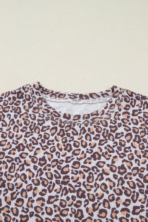 Leopard Print Corded Long Sleeve Drawstring Short Sets