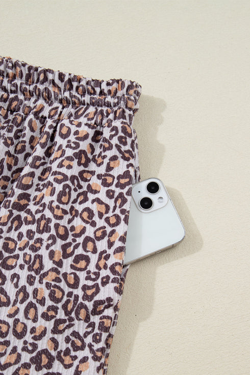 Leopard Print Corded Long Sleeve Drawstring Short Sets
