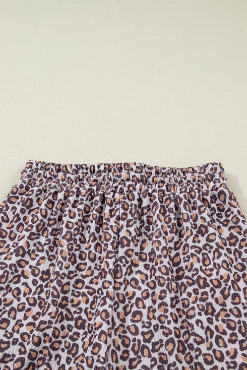 Leopard Print Corded Long Sleeve Drawstring Short Sets