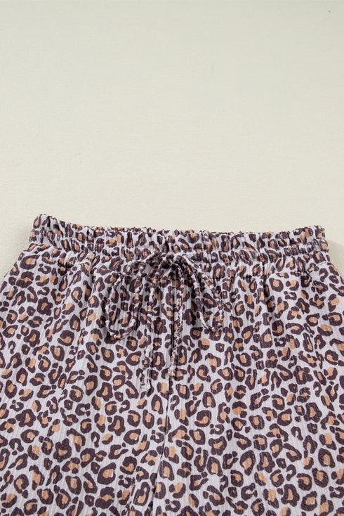 Leopard Print Corded Long Sleeve Drawstring Short Sets