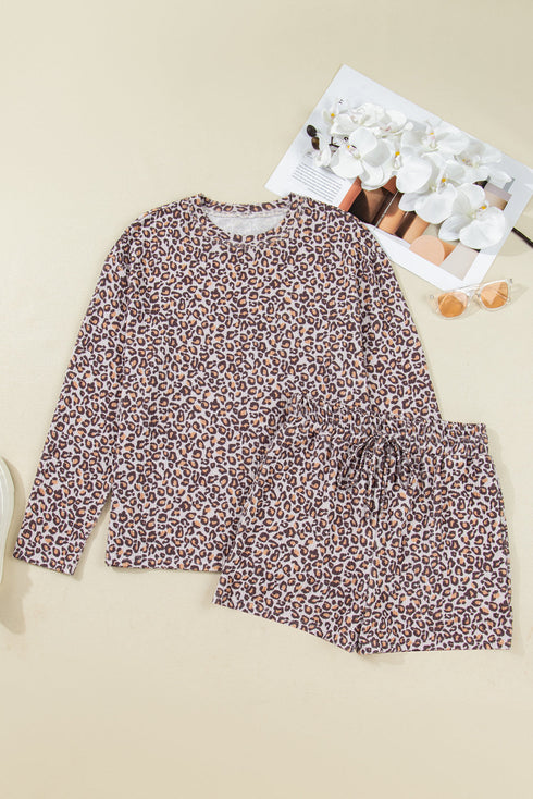 Leopard Print Corded Long Sleeve Drawstring Short Sets