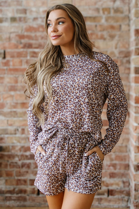 Leopard Print Corded Long Sleeve Drawstring Short Sets
