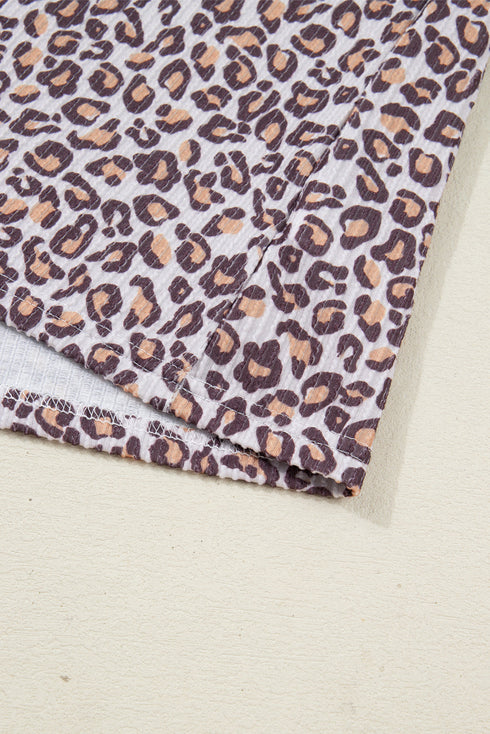 Leopard Print Corded Long Sleeve Drawstring Short Sets