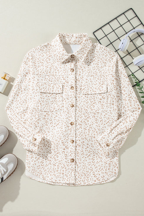 Leopard Print Corduroy Button Down Flap Pocket Jacket