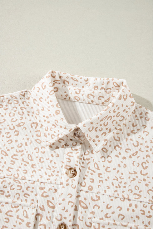 Leopard Print Corduroy Button Down Flap Pocket Jacket