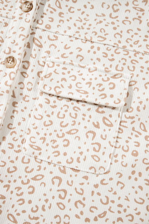 Leopard Print Corduroy Button Down Flap Pocket Jacket