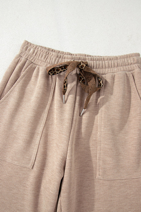 Leopard Print Corduroy High Waist Drawstring Trousers