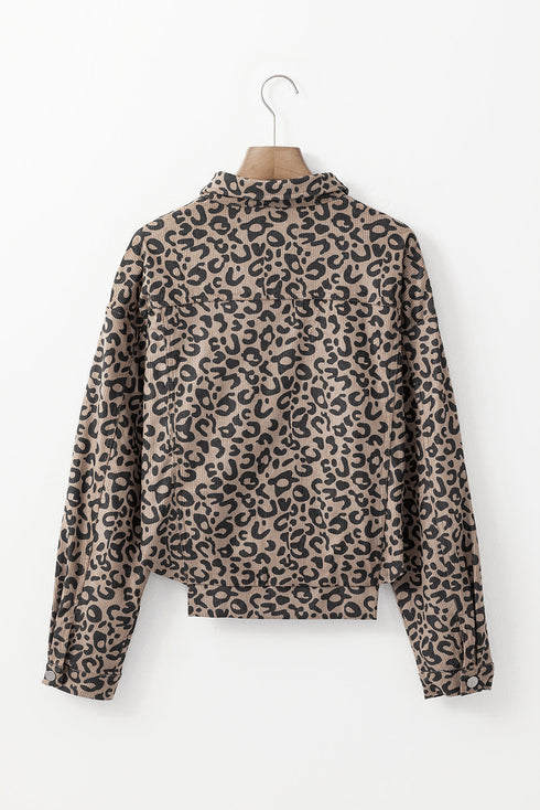 Leopard Print Corduroy Irregular Hem Buttoned Western Jacket