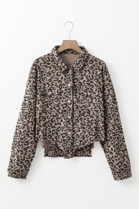 Leopard Print Corduroy Irregular Hem Buttoned Western Jacket