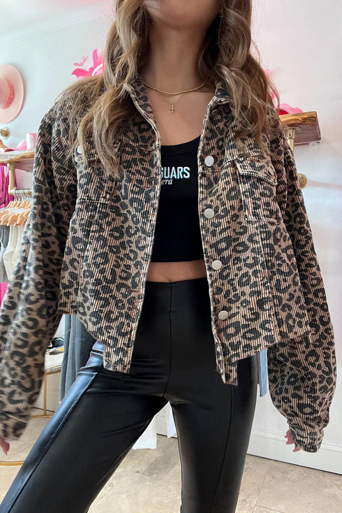 Leopard Print Corduroy Irregular Hem Buttoned Western Jacket