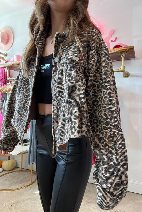 Leopard Print Corduroy Irregular Hem Buttoned Western Jacket