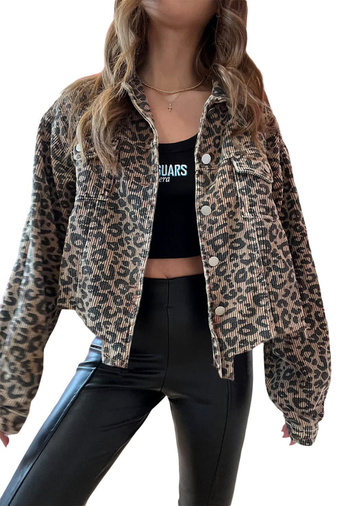 Leopard Print Corduroy Irregular Hem Buttoned Western Jacket