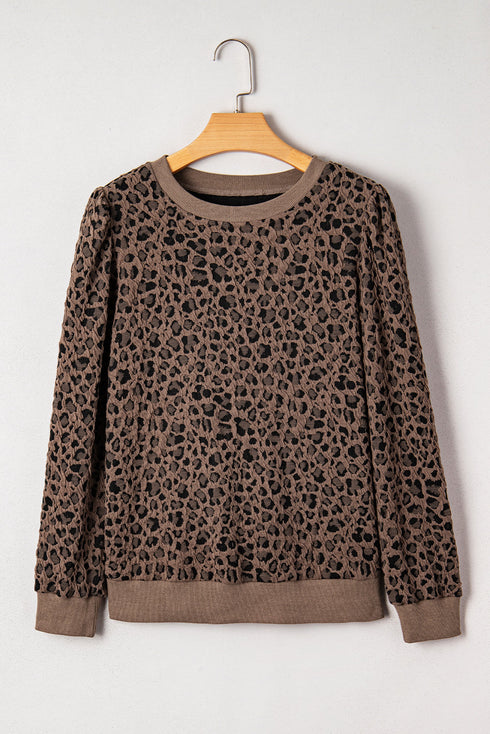 Leopard Print Crewneck Pullover Top Ribbed Cuffs Banded Hem