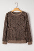 Leopard Print Crewneck Pullover Top Ribbed Cuffs Banded Hem