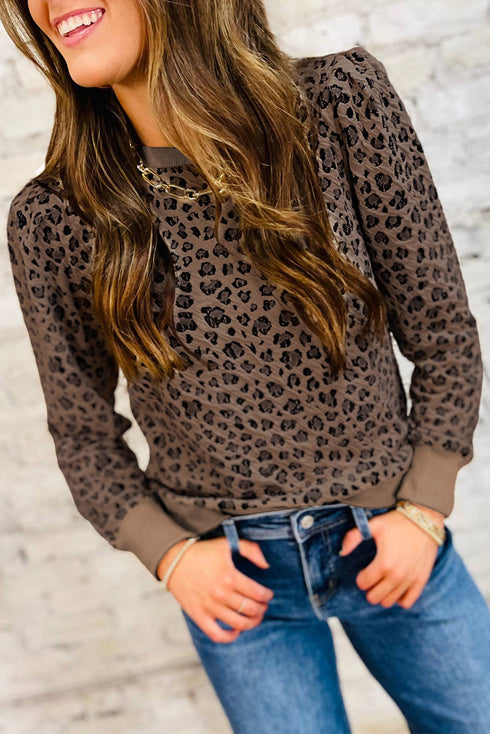 Leopard Print Crewneck Pullover Top Ribbed Cuffs Banded Hem