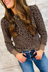 Leopard Print Crewneck Pullover Top Ribbed Cuffs Banded Hem