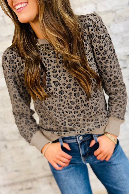 Leopard Print Crewneck Pullover Top Ribbed Cuffs Banded Hem