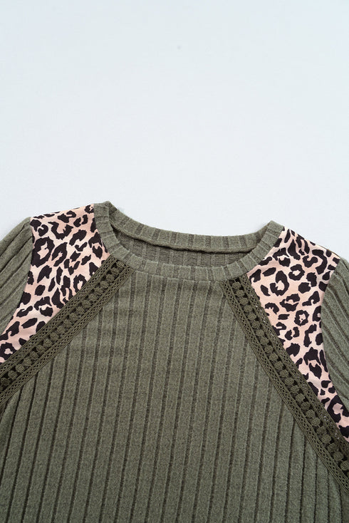 Leopard Print Crochet Patchwork Ribbed Knit Top