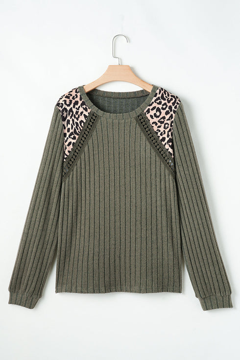 Leopard Print Crochet Patchwork Ribbed Knit Top