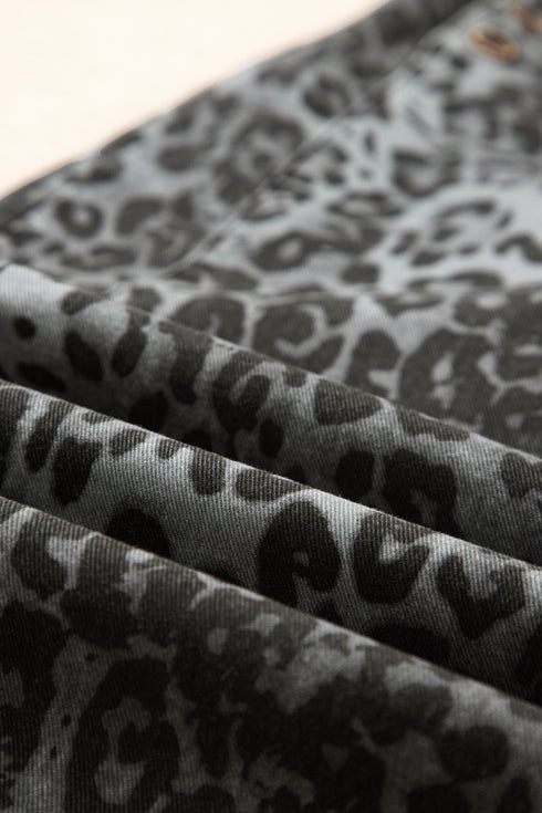 Leopard Print Cropped Wide Leg Denim Overalls Jumpsuit