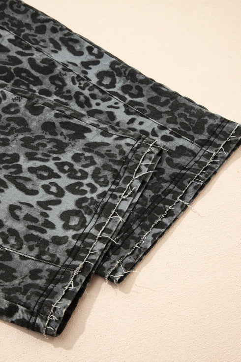 Leopard Print Cropped Wide Leg Denim Overalls Jumpsuit