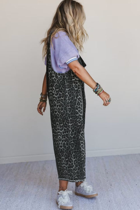 Leopard Print Cropped Wide Leg Denim Overalls Jumpsuit