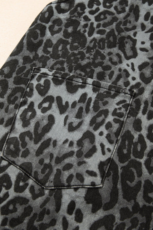 Leopard Print Cropped Wide Leg Denim Overalls Jumpsuit