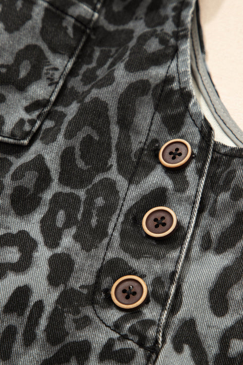 Leopard Print Cropped Wide Leg Denim Overalls Jumpsuit