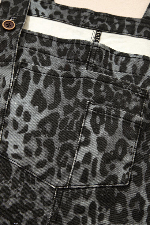 Leopard Print Cropped Wide Leg Denim Overalls Jumpsuit
