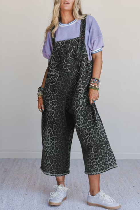 Leopard Print Cropped Wide Leg Denim Overalls Jumpsuit